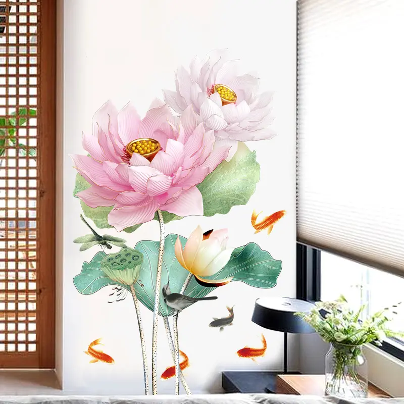 Autocollant mural en fleur de Lotus vintage, papier peint traditionnel en encre, art pour décoration de chambre à coucher
