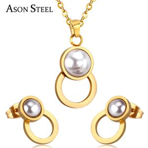 Wholesale Hot Selling Freshwater <b>Pearl</b> Shiny Stainless Steel Jewelry <b>Set</b> Bridal <b>Earrings</b> <b>Necklace</b> - Product Image 1