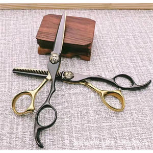 Ciseaux à cheveux Ze 6,0 pouces, noirs et dorés, ciseaux à effiler en acier inoxydable, manche long chromé, pour usage esthétique - Product Image 1