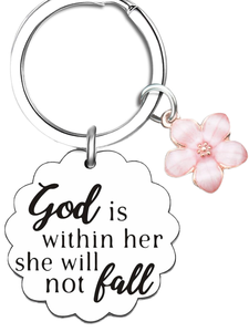 Porte-clés religieux en forme de mousqueton avec breloque fleur rose 'Dieu est avec elle, elle ne tombera pas', en alliage de zinc argenté, forme irrégulière, fait main, cadeau - Product Image 1