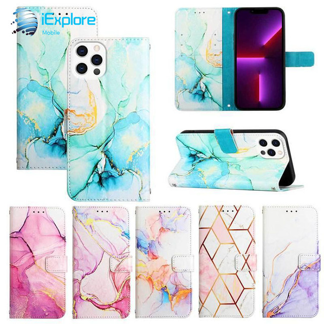 iExplore Flip Cover Marble Design PU Leather Wallet Case for 17Promax Galaxy s25 A06 A16 A36 A56 M35 M55 Vivo Y77 Tecno Spark 8