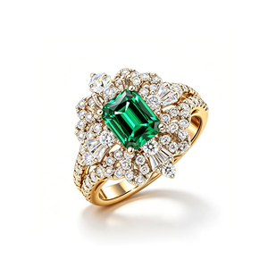 Luxury Women's 18K Solid <b>Gold</b> Emerald Cut <b>Cocktail</b> <b>Ring</b> With Pave Diamond Flower Design Engagement Style - Product Image 1
