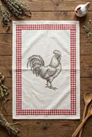 Serviettes de cuisine 100% coton, style rustique, motif coq gravé, bordure gingham, 40x60cm
