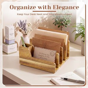 Organizador de escritorio de madera para archivos, estante de 5 niveles para carpetas, almacenamiento de documentos y soporte para bolígrafos - Product Image 4