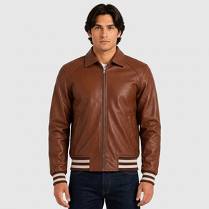 Chaqueta Varsity de Cuero Genuino Marrón para Hombre, Marca ZRROPS INDUSTRY, Estilo Bomber, Cuello Alto, Ecológica, Moda Urbana y Universitaria - Product Image 1