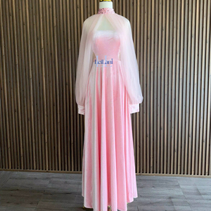 Elegante Vestido de Mujer con Corte en A, Mangas Abullonadas, Terciopelo y Gasa, Diseño de Parches, Manga Larga, para Fiesta o Noche - Product Image 1