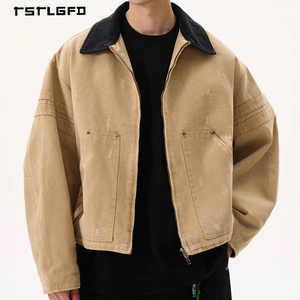 High Quality Khaki Utility Jacket Round Collar Wooden <b>Button</b> Front Two Patch Pockets Hem Drawstring Oversized Fit Jacket - Product Image 4
