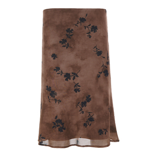 Women's Ink Floral Chiffon Mesh <b>Skirt</b> <b>Low</b> <b>Rise</b> Straight Mid-Calf with Draped Fit French Vintage Elegant A-Line Bottom - Product Image 6