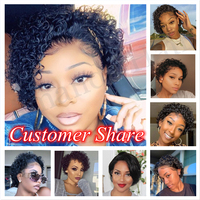Perruque Lace Front Wig Remy brésilienne naturelle, cheveux bouclés, coupe Pixie, partie latérale, pre-plucked, HD, courte, lisse, 6 pouces,