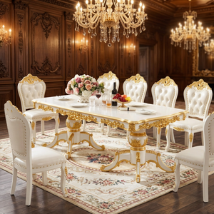 European Antique Carved Dining Table and Chair Set 6 Seater White Gold Finish <b>Marble</b> <b>Top</b> Wood Legs Stable Home Furniture - Product Image 5