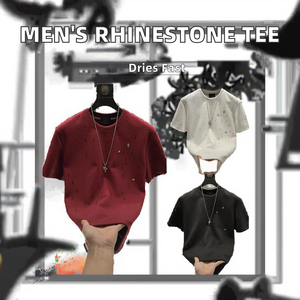 T-shirt décontracté pour homme 100 % polyester, coupe droite, manches courtes, motif à carreaux, tissu tricoté, strass, vente en gros - Product Image 2