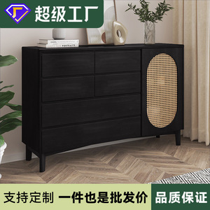 Midcentury Modern Solid Wood Dresser With Rattan Panel Six Drawers Freestanding <b>Storage</b> <b>Cabinet</b> For Bedroom Living Room - Product Image 4