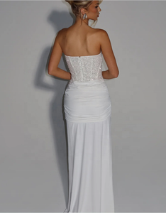 Abito da Sera Sexy <span class=keywords><strong>Senza</strong></span> <span class=keywords><strong>Spalline</strong></span>, Elegante <span class=keywords><strong>Vestito</strong></span> Lungo <span class=keywords><strong>Bianco</strong></span> con Drappeggio e Lustrini, Abito da Festa per Donne - Product Image 2