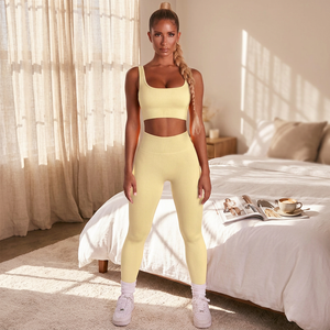 Women 2 Piece Yoga Set Sleeveless Crew Neck <b>Crop</b> <b>Top</b> High Waist Full Length Leggings Solid Yellow Seamless Stretch Breathable - Product Image 3