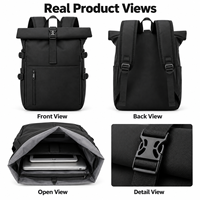 Sac à dos unisexe en nylon avec logo personnalisé, à fermeture roll-top, pour ordinateur portable, classique, polyvalent, léger, de loisirs, pour hommes, sacs d'extérieur