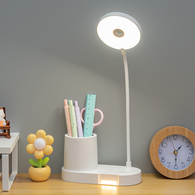 Modern Rechargeable LED Desk Lamp with Pen Holder & Phone Stand 3 Color Temps Eye-Care Night Light Simple Adjustable DC ABS