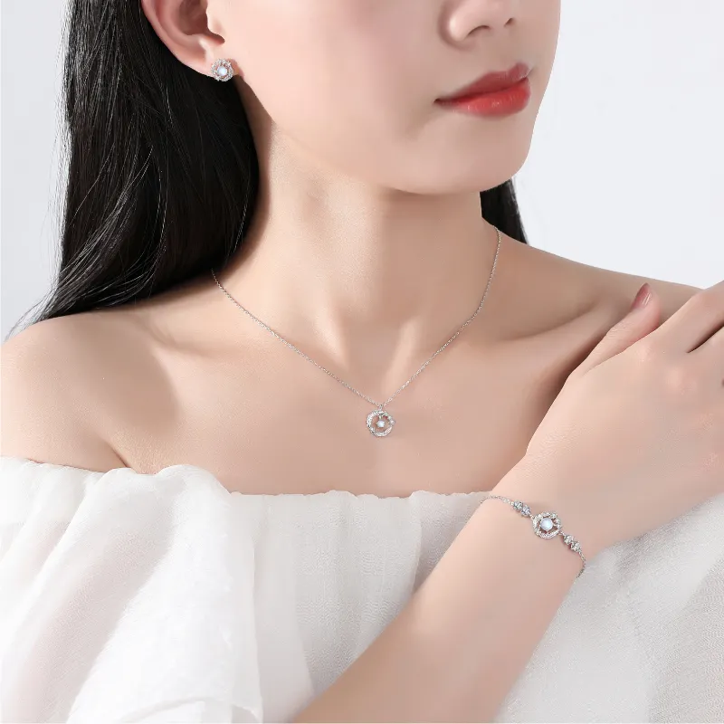 925 Zilveren Sieraden Set Vrouwen Sieraden Ketting Oorbellen Armband Edelsteen Sieraden Set Met Maansteen Veer Voor Bruiloft