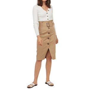 Luxury Smooth <strong>Khaki</strong> Pencil <strong>Skirt</strong> With Belt - Product Image 1