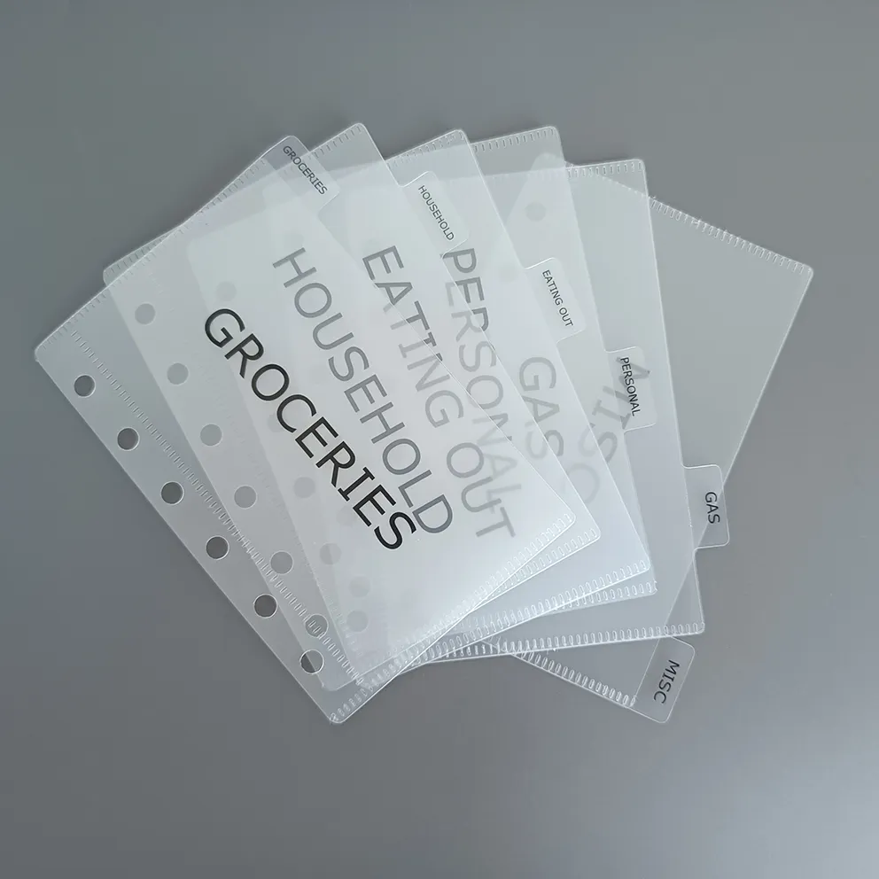 Custom Nieuwe Minimalistische Ontwerp Rits-Vrij Duurzaam Frosted Clear 6 Labels Plastic Enveloppen A7 Geld Zak Voorgemaakte Envelop Set