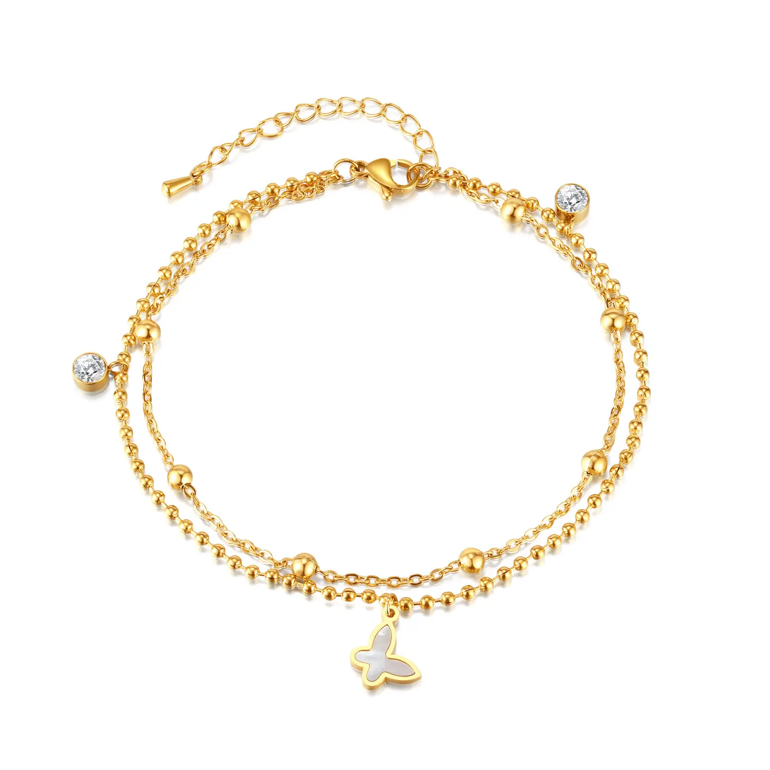 Simples moda 18k ouro aço inoxidável borboleta pingente duplo diamante frisado cadeia tornozeleira para as mulheres