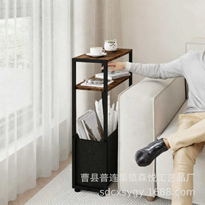 Solid Wood And Iron Side Table 3 Tier With Storage Basket For Living Room <b>Sofa</b> Gap Bedroom Narrow Shelf - Product Image 3