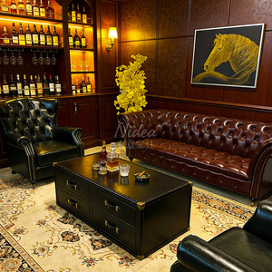 Divano Chesterfield in Vera Pelle Stile Industriale Americano per Hotel e Caffè, Set da 1, 2, 3 Posti, Combinazione per Soggiorno - Product Image 3