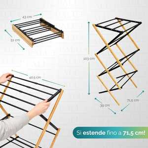 Séchoir à linge pliable sur pied en bambou et métal, 6 niveaux, extensible jusqu'à 9 mètres - Product Image 2