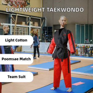 Ensemble de Dobok de Taekwondo Professionnel Léger en Coton Noir et Rouge Antidérapant pour Compétition Poomsae Arts Martiaux - Product Image 2