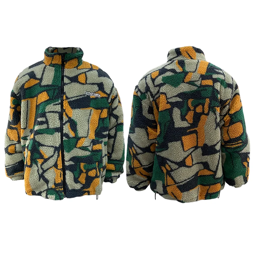 Custom Logo Design Camouflage Print Mens Sherpa Warm Quilted Zipper Coat Adjustable Drawstring Outdoor Polar Fleece Jacket