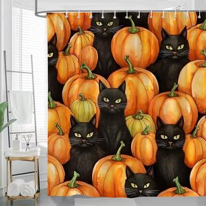 Halloween Retro Vintage Home Decor <b>Black</b> Cat Pumpkin Shower Curtain 3D Fall Thanksgiving Farmhouse Bathroom Set <b>Hooks</b> Stock - Product Image 2