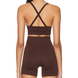 High Quality <b>Cross</b> Back Yoga <b>Tops</b> High Waist Ribbed Shorts Front Hollow Design Active Wear Set Plus Size OEM Supplied Breathable - Product Image 4