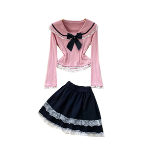 Conjunto feminino <span class=keywords><strong>kawaii</strong></span> com gola de marinheiro, duas peças, manga comprida, top com acabamento em renda, mini saia, conjunto primavera outono - Product Image 5