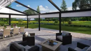 Grosir tirai luar ruangan bermotor rol tahan air layar ritsleting listrik shading tirai paviliun untuk Aluminium Pergola