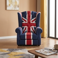 Fauteuil simple capitonné en toile de jute style campagnard américain avec accent Union Jack et motif écossais britannique pour salon