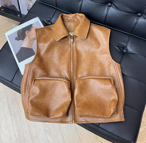 Nouveau <span class=keywords><strong>gilet</strong></span> en cuir véritable rétro pour femmes avec grandes poches, <span class=keywords><strong>gilet</strong></span> en cuir <span class=keywords><strong>sans</strong></span> manches vintage - Product Image 1