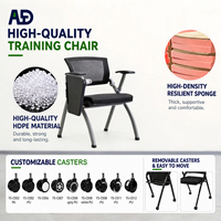 Chaise de formation empilable avec tablette d'écriture pliable, dossier en maille respirante, siège rembourré, base à quatre pieds en métal pour salle de classe et conférence