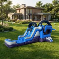 Toboggan aquatique gonflable commercial à double piste avec piscine à jets d'eau, PVC bleu-gris, combo multifonctionnel pour location de fêtes d'enfants