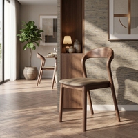 Chaise de salle à manger moderne en bois naturel avec cadre incurvé ergonomique, siège et dossier en cuir imperméable pour la maison et l'hôtellerie