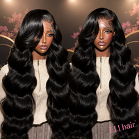 Pelucas de Cabello Humano Pre-Plucked con Ondas Corporales y Mechas, Color Negro Jengibre, 13x4 HD, Sin Pegamento, con Encaje Frontal Transparente HD