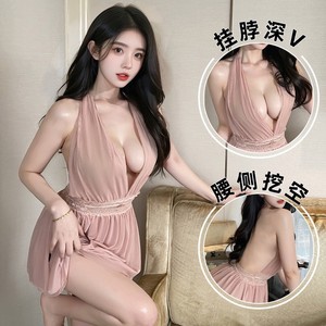 Lemon Story Lingerie Mesh Backless Halter Neck Nightgown Sexy Women's Sleepwear Breathable Chiffon 9027 - Product Image 1