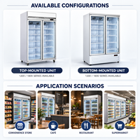 Réfrigérateur commercial vertical à trois portes vitrées, grande capacité, compresseur supérieur, acier inoxydable, affichage LED pour