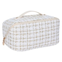 Sac cosmétique portable de luxe léger haut de gamme en polyester à motif écossais avec fil doré, fermeture ouverte, grande capacité pour femme