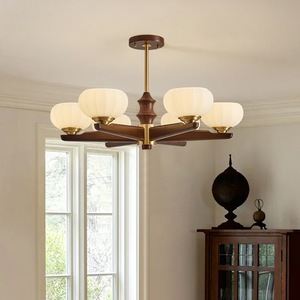 Retro All Copper Living Room Chandelier Solid Wood Multi Head LED <b>Light</b> Round Design Home Decor - Product Image 4