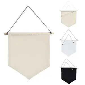 Stampa personalizzata all'ingrosso Blank Triangle Pennant Cotton Banner bianco nero Beige decorativo Canvas Hanging banderettes Wall Flag
