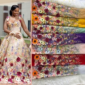 T-mart Most Popular Tulle Lace Fabric for Wedding Dress Hot Sale <strong>Sunflower</strong> Floating <strong>Embroidered</strong> 3D Flower Net Lace Fabrics - Product Image 1