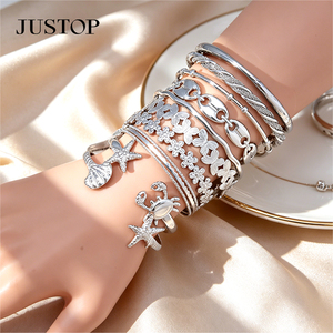 JUSTOP Silver Plated Cuff <b>Bracelets</b> Bohemia Style Star <b>Shell</b> Flower Chain Alloy Bangles Unisex Jewelry Gift - Product Image 6
