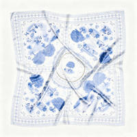 Foulard carré en soie satinée bleu Toile de Jouy 90x90cm, motif arbre vintage, pour femme, bandana, logo personnalisé acceptable, vente en gros