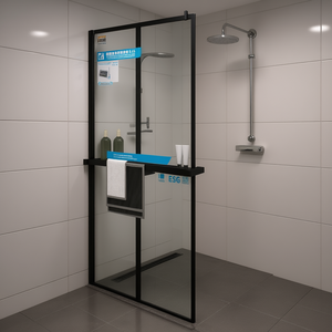 Puerta de Ducha con Estante, Vidrio ESG de 8mm, Marco de Aluminio Deslizante, Diseño Rectangular Negro Minimalista - Product Image 2