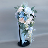 Buket bunga pernikahan buatan tetes air buket bunga sutra untuk pengantin, buket pengantin buatan mawar biru untuk upacara pernikahan