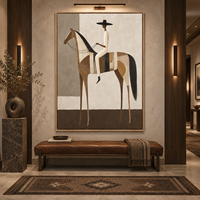Peinture sur toile géométrique style américain vintage, cavalier, beige neutre, marron, art mural pour hôtel, villa, club équestre, décoration